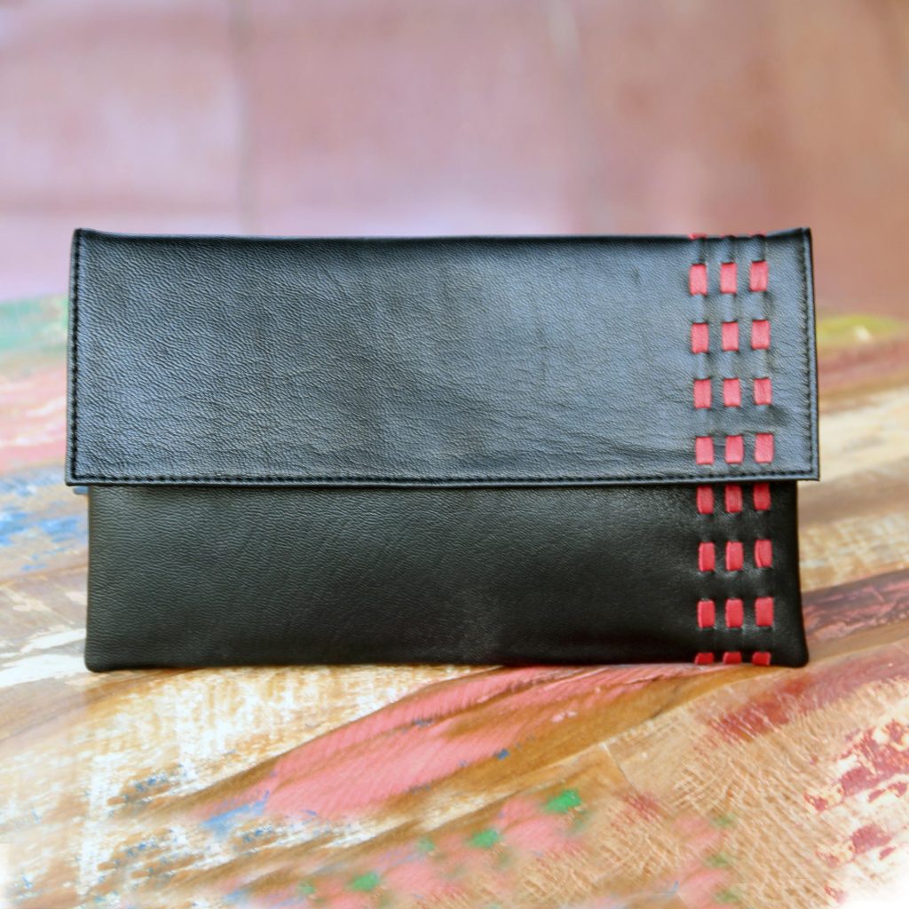 Red Accent Black Leather Clutch Handbag from Bali, 'Midnight Scarlet'