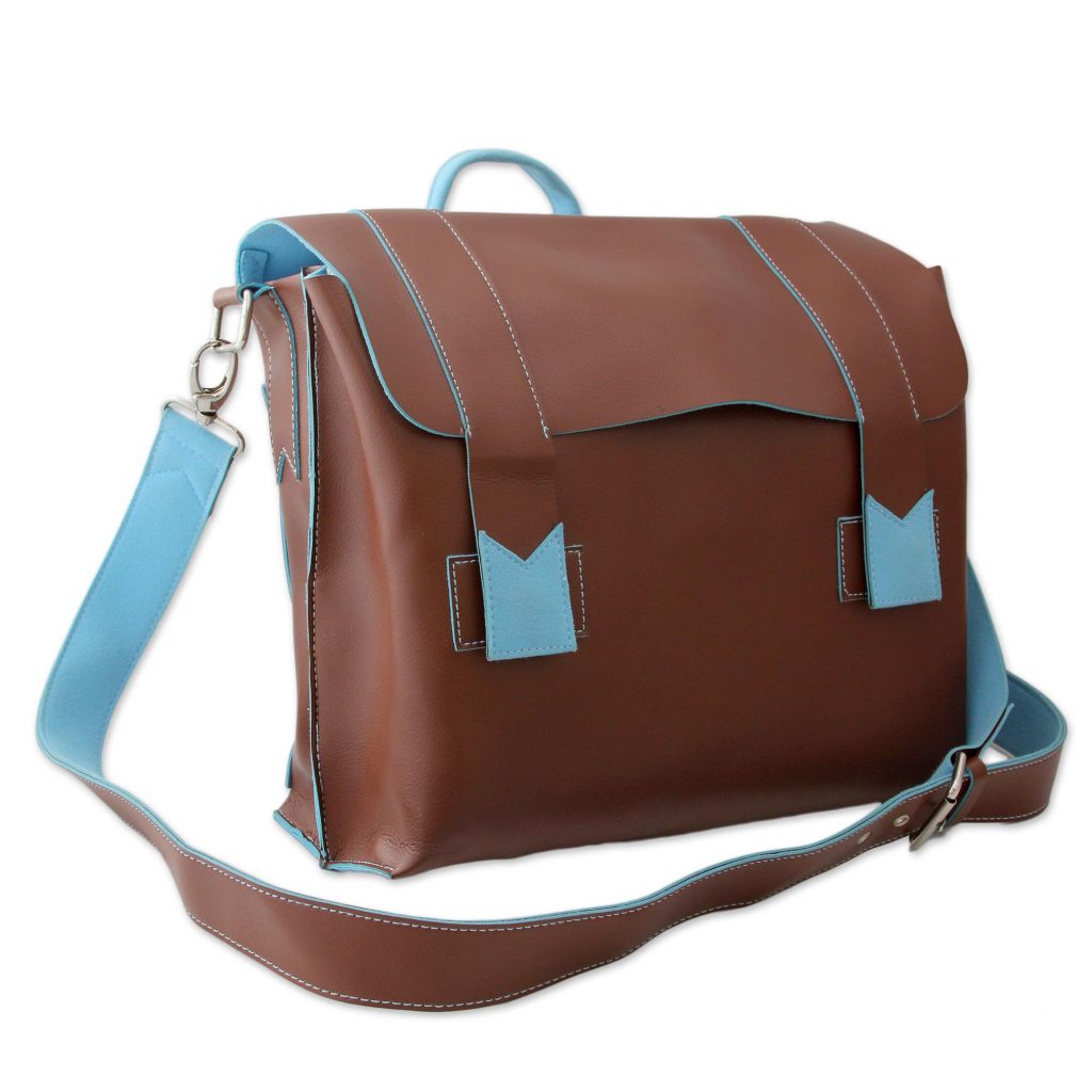 Brown Messenger Bag with Baby Blue Trim Handcrafted in India, 'Practical Chocolate'